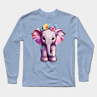 Cute Baby Elephant With Flowers Design Long Sleeve T-Shirt